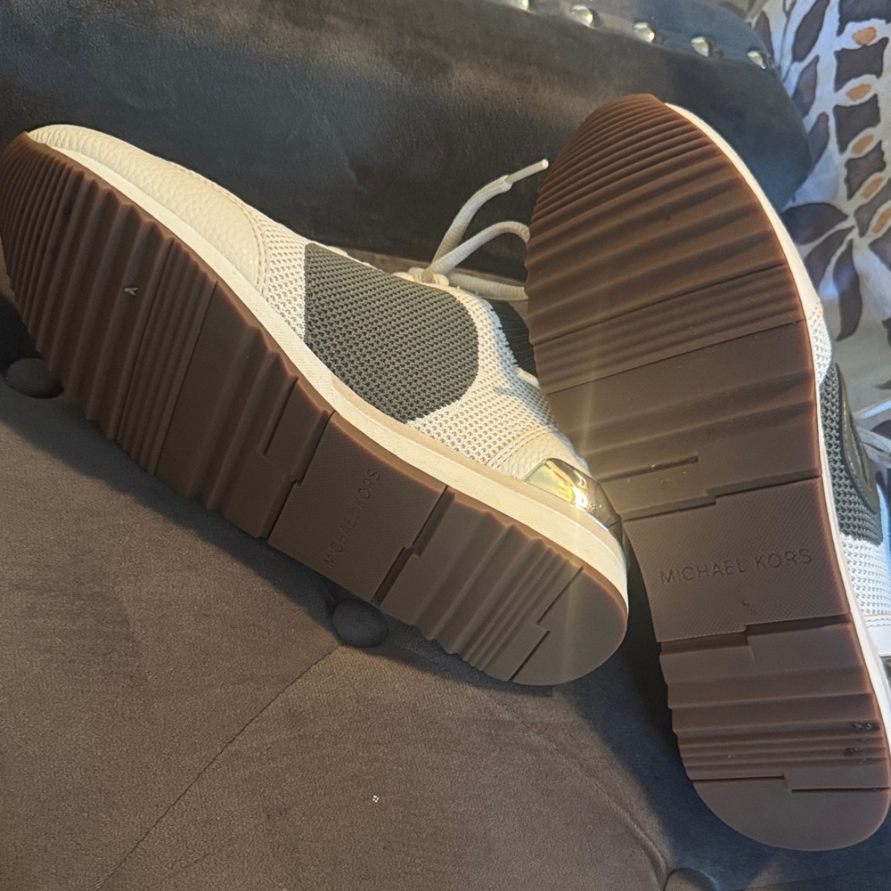 Michael Kors Beige and Olive Knit Lace-Up Sneakers - Picture 6 of 9